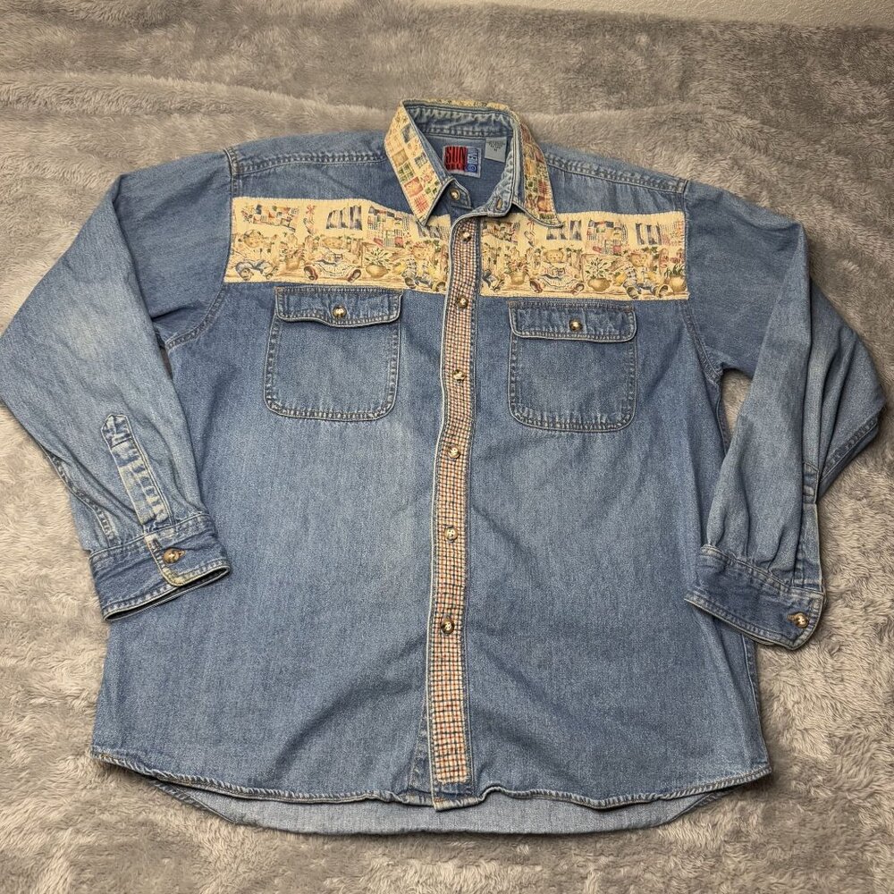 Vintage 90s Grandma Grandpa Jean Shirt Teddy Bear Medium Paneled Plaid Sun Belt